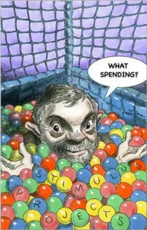  ?? [Taylor Jones/caglecarto­ons.com] ?? Paul Krugman caricaturé dans la presse américaine. « Quelles dépenses ? » se demande-t-il, alors qu’on le montre se noyant dans des « projets de relance ».