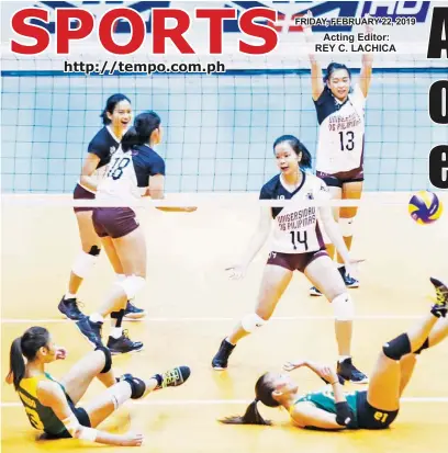  ?? (Rio Leonelle Deluvio) ?? THRILLED: University of the Philippine players celebrate after scoring a point in their UAAP match with Far Eastern University at the Arena in San Juan City. The Lady Maroons went on to beat the Lady Tamaraws, 25-18, 20-25, 25-22, 25-20.