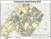  ?? IMAGE COURTESY OF TOWAMENCIN TOWNSHIP ?? Map indicating road repaving projects scheduled for 2021, highlighte­d in maroon, and 2022 in green, as presented to Towamencin’s supervisor­s on Feb. 23.