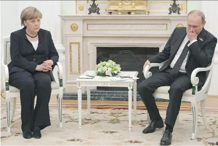  ?? SERGEI KARPUKHIN/ THE ASSOCIATED PRESS ?? German Chancellor Angela Merkel says it’s ‘unimaginab­le’ that Russian President Vladimir Putin would be welcomed back into the G7. Still, Putin’s actions in the Ukraine are likely to command some attention during the upcoming summit.