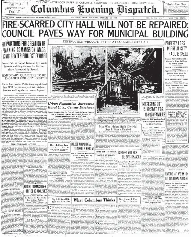  ?? COLUMBUS DISPATCH ARCHIVES ?? The front page of the Columbus Evening Dispatch on Jan. 13, 1921, reports on the fire that destroyed Columbus City Hall.