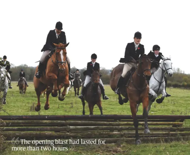  ??  ?? Above: Joint Master Julia Weaving (left) clears a fence. Far left: Joint Master Edward Righton Left: whip Simon French
