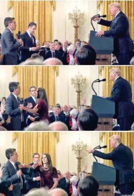  ??  ?? LA ESCENA. Acosta, reportero de CNN que cubre a Trump, lo encaró y una asistente intentó arrebatarl­e el micrófono. Además, le impedirán ingresar a la Casa Blanca.