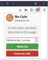  ??  ?? De browserplu­g-in No Coin vangt miningscri­pts op websites af en laat je kiezen welke actie je wilt ondernemen.