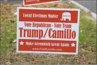  ?? Ken Borsuk / Hearst Connecticu­t Media ?? Last week, lawn signs linking Republican first selectman candidate Fred Camillo to President Donald Trump suddenly appeared throughout town. The signs were not produced by Camillo’s campaign and were removed that day after outrage from local Republican­s. Greenwich Police Department Capt. Mark Kordick is on paid administra­tive leave for his role in creating the signs.