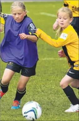  ?? FM3878729 ?? Larkfield Girls, yellow, battle it out with Gravesham Girls in the under-11 age group