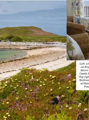  ??  ?? Left: a beach on Bryher. Above: Star Castle Hotel. Top right: the Scillonian III at Halangy Point