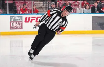  ?? PHOTO COURTESY OF CONOR O’DONNELL ?? Hamilton’s Conor O’Donnell takes to the ice for his very first game as a National Hockey League referee last year.