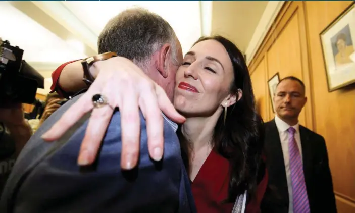  ?? Photograph: Hagen Hopkins/Getty Images ?? Jacinda Ardern hugs list MP Trevor Mallard during the Labour party announceme­nt.