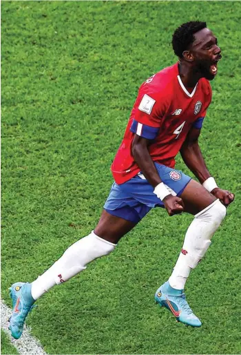  ?? ?? Keysher Fuller of Costa Rica celebrates after scoring his side’s first goal of the tournament against Japan yesterday