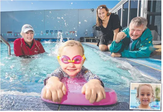  ?? Picture: Glenn Hampson ?? Swim teacher Linda Wallis, left, mum Fiona Luke and swim coach legend Laurie Lawrence cheer on four-year-old Georgia Luke. On Saturday swimmers at the Laurie Lawrence Swim School in Burleigh Heads will clock up 100km in the pool for young Ayden Russell (inset).