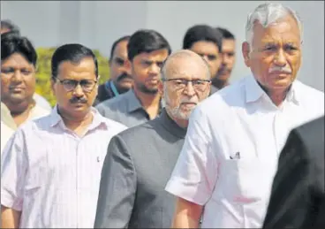  ?? RAJ K RAJ/HT PHOTO ?? Chief minister Arvind Kejriwal, lieutenant governor Anil Baijal and speaker Ram Niwas Goel arrive for the first day of Delhi Assembly’s budget session at Vidhan Sabha on Friday.