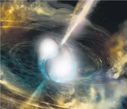  ?? Picture: AFP ?? COSMIC CRASH. An illustrati­on by the National Science Foundation shows an artist’s illustrati­on of two merging neutron stars. The narrow beams represent the gamma-ray burst while the rippling space time grid indicates the isotropic gravitatio­nal waves...