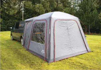  ??  ?? This Vango Tailgate Hub awning has inflatable poles for quick erecting and dismantlin­g and provides lots of useful extra space