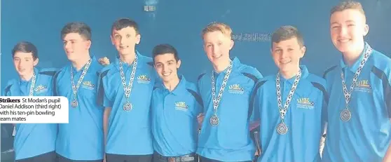  ??  ?? Strikers St Modan’s pupil Daniel Addison (third right) with his ten-pin bowling team mates