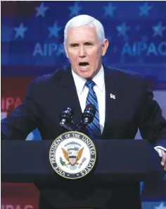  ?? (Tom Brenner/Reuters) ?? US VICE PRESIDENT Mike Pence delivers remarks during the AIPAC convention in Washington earlier this week.