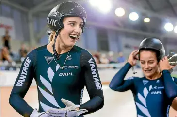  ?? ?? Olivia Podmore (left) and Natasha Hansen celebrate after winning gold in the women’s team sprint final at the UCI World Cup in Cambridge in December 2019.