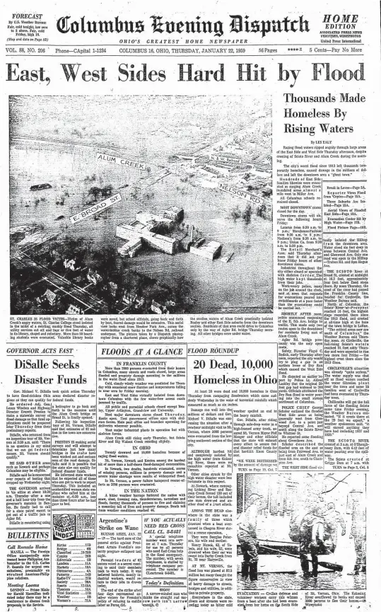  ?? COLUMBUS DISPATCH ARCHIVES ?? Front page of the Columbus Evening Dispatch for Jan. 22, 1959. Greater Columbus experience­s devastatin­g flooding.