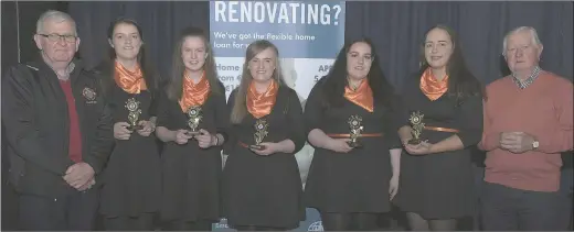  ??  ?? The Cullen Balllad Group of Katie O’Sullivan, Emily Nagle, Gemma Nagle, Maggie Moynihan and Clodagh O’Connor winner in the Duhallow Scór na nÓg Final pictured in the company of Joe Kearns, Chairman, Duhallow Junior Board and James Murphy, Kanturk Credit Union. Photo by John Tarrant