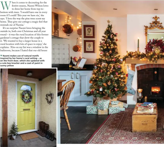  ?? ?? Naomi makes use of natural motifs inspired by her home’s rural setting – as on the front door, which she updated with a cute bee knocker and a coat of paint in sunny yellow