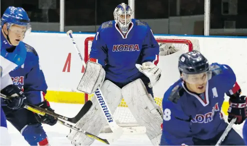  ?? SHUJI KAJIYAMA / THE ASSOCIATED PRESS ?? Goaltender Matt Dalton, along with a handful of other North American players, has acquired South Korean citizenshi­p and is a key member of the men’s national hockey team as it prepares to host of the 2018 Winter Olympics.