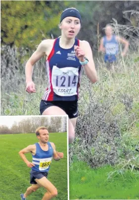  ??  ?? Newcastle University’s Amelia Pettitt (above) and left, Morpeth Harriers’ Carl Avery eases ahead of Cameron Boyek (far left)