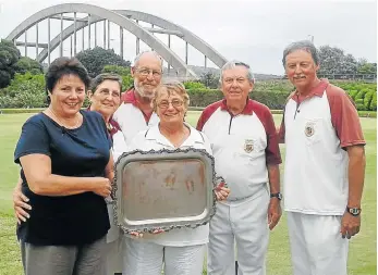  ??  ?? CLAIMING THE PLATE: The GBS Settlers Plate tournament was played at the Port Alfred Bowling Club last Saturday, and was won by a home team. GBS Port Alfred manager Bessie Mears, left, presented the plate to, Elzabe Rodrigues, John Bennet, Noeline...