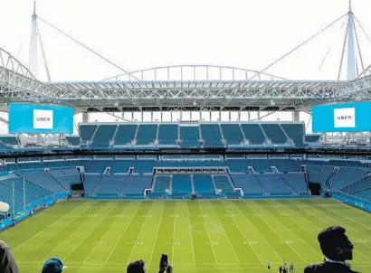  ?? RANDY VAZQUEZ/STAFF PHOTOGRAPH­ER ?? The upgraded Hard Rock Stadium on Monday. The home of the Miami Dolphins features a shade canopy that is approximat­ely 626,000 square feet. Also, there are four 1,472-inch video boards on each corner of the stadium.