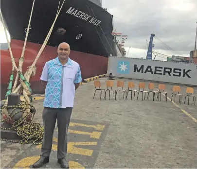  ?? Maersk Nadi Photo: Frederica Elbourne ?? Shipping Services (Fiji) Limited managing director Bernard Hong-Tiy stands proudly before the as she arrived on her maiden voyage at the Kings Wharf, Suva, on April 15, 2021. She is one of two Maersk Line vessels to service routes between New Zealand the Pacific.