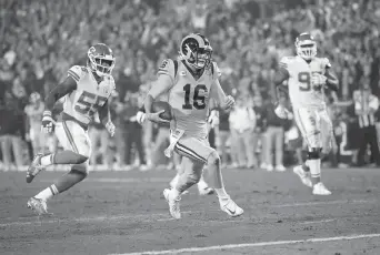  ??  ?? Los Angeles Rams quarterbac­k Jared Goff runs in for a touchdown on a 7-yard rush during the third quarter of their NFL game against the Kansas City Chiefs at the Los Angeles Memorial Coliseum in California on Monday. The Rams won 54-51. — AFP