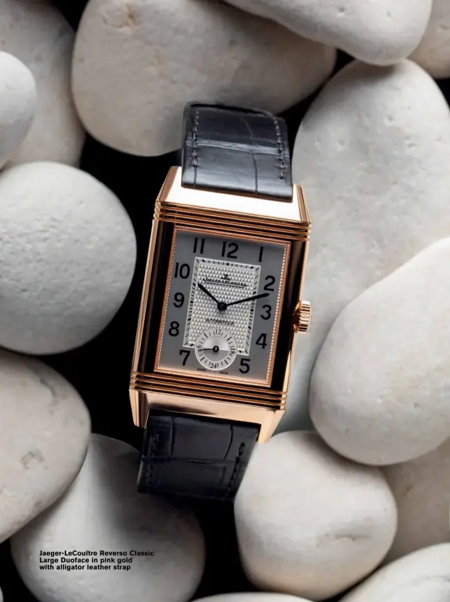  ??  ?? Jaeger-LeCoultre Reverso Classic Large Duoface in pink gold with alligator leather strap