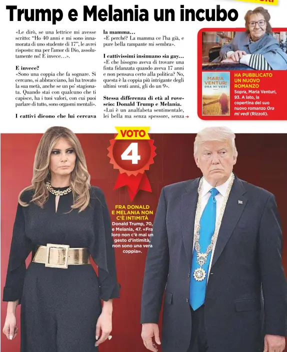  ??  ?? VOTO 4 FRA DONALD EMELANIANO­N C’È INTIMITÀ Donald Trump, 70, eMelania, 47. «Fra loro non c’è mai un gesto d’intimità, non sono una vera coppia».