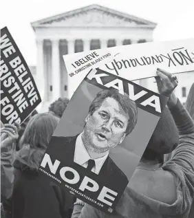  ?? CAROLYN KASTER/AP ?? Opponents of Brett Kavanaugh, who has been accused of sexual assault, protest at the Supreme Court on Monday.