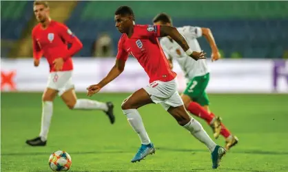  ??  ?? Manchester United’s Marcus Rashford on the ball for England during their match against Bulgaria in Sofia, which was twice stopped because of racist abuse from the crowd. Photograph: Nigel Keene/ProSports/Shuttersto­ck