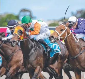  ?? Picture: AAP Image/Michael McInally/Racing Queensland ?? ON THE HUNT: Love You Lucy (orange silks) winning the Listed Silk Stocking at the Gold Coast. She lines up at Doomben tomorrow.