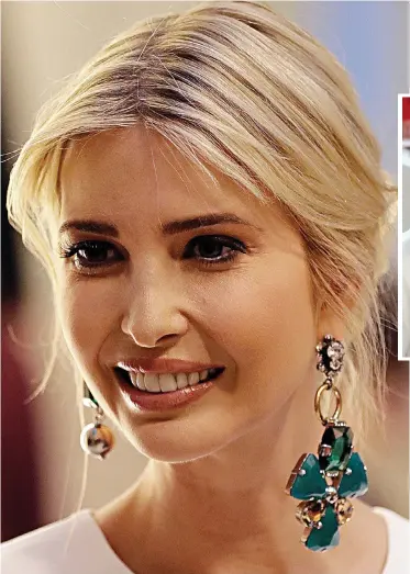  ??  ?? Statement look: Ivanka’s mismatched earrings are made of rhinestone and brass