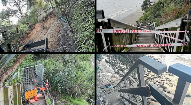  ??  ?? Coastal access stairways across the North Shore, cordoned off due to land slip damage, clockwise from top left: Beach Haven, Castor Bay, Narrow Neck and Browns Bay.