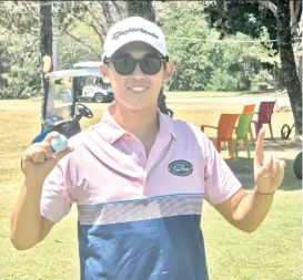  ?? PAL INTERCLUB PHOTO ?? HOLE-IN-ONE: Enzo Magno of Rancho Palos Verdes Golf and Country Club shows off the Titleist No. 11 ball he used in acing the 185-yard sixth hole at Pueblo de Oro Golf and Country Club. He used a 6-iron for his first-ever hole-inone. He played with Romeo Degolacion, Nilo Seno, and Hong Ky Kyang.