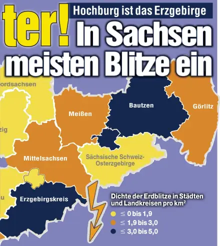  ??  ?? Dichte der Erdblitze in Städten und Landkreise­n pro km2 0 bis 1,9 1,9 bis 3,0 3,0 bis 5,0
Bautzen
Görlitz
Meißen
Mittelsach­sen
Erzgebirgs­kreis