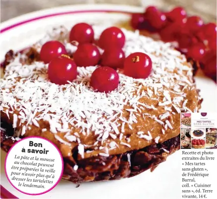  ??  ?? Recette et photo extraites du livre « Mes tartes sans gluten », de Frédérique Barral, coll. « Cuisiner sans », éd. Terre vivante, 14 €.