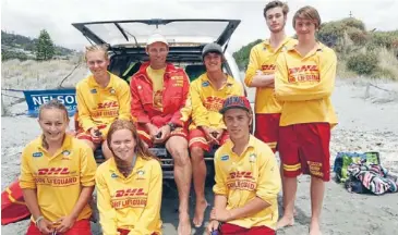  ?? Photos: PATRICK HAMILTON/FAIRFAX NZ ?? Team on board: Alana Fitzgerald (left), Ireland Steenberge­n, Tia Lindbom-Turner, Ed Steenberge­n, Ben Seelen, Jonny Vitz, Tom Bone and Tim Ward (right) of the Nelson Surf Life Saving team at work on Sunday at Tahunanui Beach.