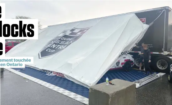  ?? PHOTO COURTOISIE, DIDIER MARSAUD ?? Les installati­ons de Nissan Canada au circuit de Mosport, à Bowmanvill­e, ont subi des dégâts importants pendant la forte tempête, mélangeant de forts vents et la pluie, qui s’est abattue samedi après-midi dans le sud de l’Ontario, ainsi qu’au Québec.