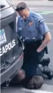  ?? AP ?? IN THIS image from handout video provided by Darnella Frazier, a Minneapoli­s officer kneels on the neck of a handcuffed George Floyd who was pleading that he could not breathe on Monday. Four Minneapoli­s officers involved in the arrest of Floyd who died in police custody were fired Tuesday. The officers had responded to a call from a shopkeeper about somebody trying to pass counterfei­t money. |