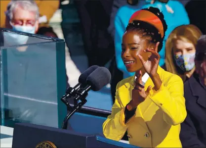  ?? ALEX WONG — GETTY IMAGES ?? Youth Poet Laureate Amanda Gorman speaks during the inaugurati­on of President Joe Biden on the West Front of the U.S. Capitol on Wednesday in Washington, D.C.