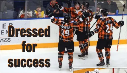  ?? NEWS PHOTO RYAN MCCRACKEN ?? (Left) The Medicine Hat Tigers celebrate Hayden Ostir's (middle) goal during Saturday's Western Hockey League game against the Red Deer Rebels at the Canalta Centre. (Below) Kristian Reichel (left) of the Red Deer Rebels is stopped by Medicine Hat...