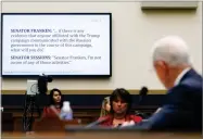  ?? AP PHOTO BY CAROLYN KASTER ?? Attorney General Jeff Sessions, right, looks to a monitor displaying previous questionin­g by Sen. Al Franken, D-minn., from Sessions’ confirmati­on hearing on Jan. 10 during a House Judiciary Committee hearing on Capitol Hill, Tuesday in Washington.