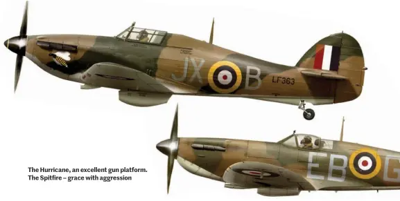  ??  ?? The Hurricane, an excellent gun platform. The Spitfire – grace with aggression