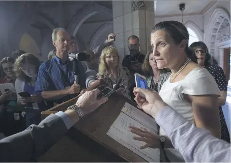  ?? SEAN KILPATRICK/THE CANADIAN PRESS ?? Foreign Minister Chrystia Freeland updates the media on the NAFTA talks on Parliament Hill on Monday. She said negotiator­s haven’t yet received proposals from the U.S. on some contentiou­s issues, including rules of origin for automakers.