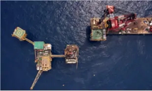  ?? ?? An aerial image of Shenhai Yihao, or Deep Sea No.1, China’s first domestical­ly developed ultra-deepwater gas field in the north part of the South China Sea on February 18. The 136-meter-high platform weighs over 14,000 tons