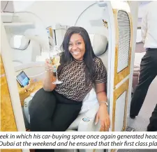  ?? ?? MAN OF THE MOMENT... After a week in which his car-buying spree once again generated headlines, businessma­n Wicknell Chivayo decided to spoil his family with a holiday in Dubai at the weekend and he ensured that their first class plane seats were also captured for the world to see